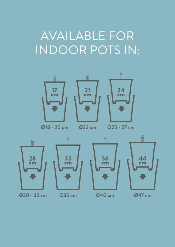 Infographic met indoor potmaten van Ø18–Ø47 cm voor planten