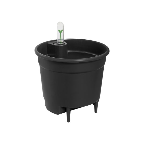 Zwarte zelfwaterende plantenpot met waterniveau-indicator