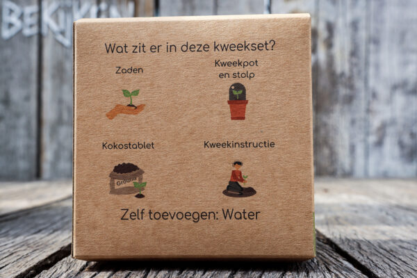 Kartonnen kweekset met zaden, kokostablet, kweekpot en instructies